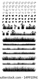 Set of Black Grass Silhouettes and Leaf Icons, Isolated on White Background. Symbols, Logo and Graphic Elements: Natural, Organic, Bio, Eco Label and Shape. Vector Illustration.