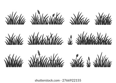 Set of Black Grass Silhouettes on White Background