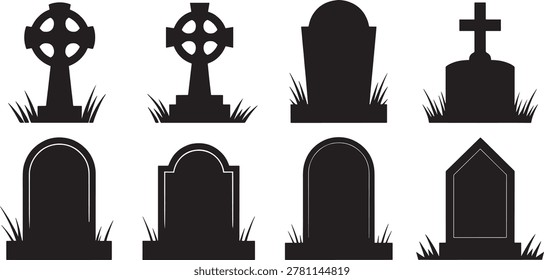 Set of black grave stone and tombstone silhouettes including crosses, Celtic crosses, and grass, on transparent background, cemetery elements.