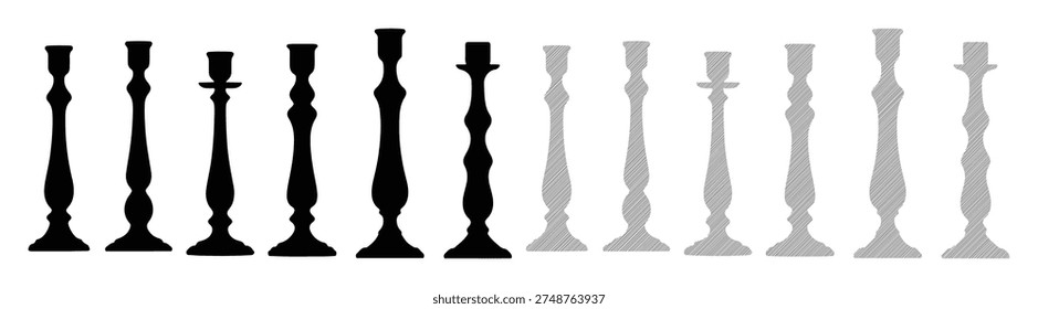 Set of black and gray candlestick holders, different shapes and sizes, modern and classic designs.
