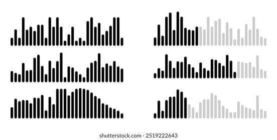 Um conjunto de ícones de barra de equalização em preto e cinza, exibindo formas de onda de frequência de áudio, ideais para projetos de design de som, música e mídia digital.