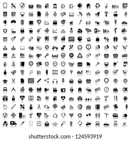 Set of black and gray icons with reflection. Travel, computer, business, ecology, shopping, automotive, web, school and medicine concepts.