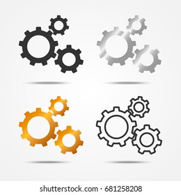 Set of black, gray, silver and gold 3 gears or cogs sign simple icon with shadow on white background, wheel concept. Vector illustration