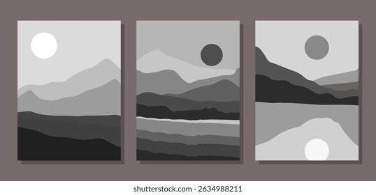 Set of black grayscale Landscape backdrop. Organic hand made printable backdrop ideas for textile, home decor, template, brochure, flyer, banner.