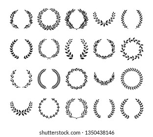 Set of black greek wreaths and heraldic round element with black circular silhouette. Set of laurel, fig and olive, victory award icons with leaves and frames. Vintage vector illustration.