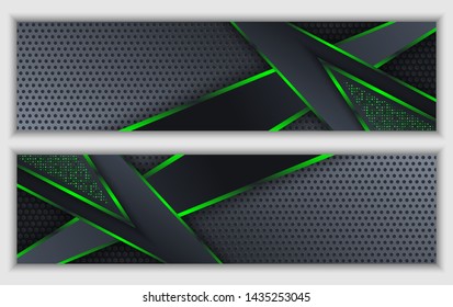 Set Black Green abstract corporate banner with glowing neon glitter, vector technology background