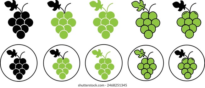 Set of Black and green Fill Grape fruits healthy lifestyles symbols. Grape Food Fruits, bunches of grapes icons with leaf template for graphic signs and website isolated on transparent background.