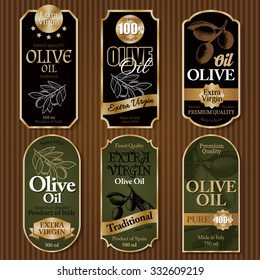 Set of black and green olive oil labels on cardboard background vector illustration