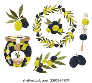 Set black and green olives, branches, snack, wreath. Olive berries and tree branches with leaves on white background.