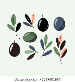 Set of black and green olives with leaves vector illustration. Modern, minimalist illustration olive branches.  