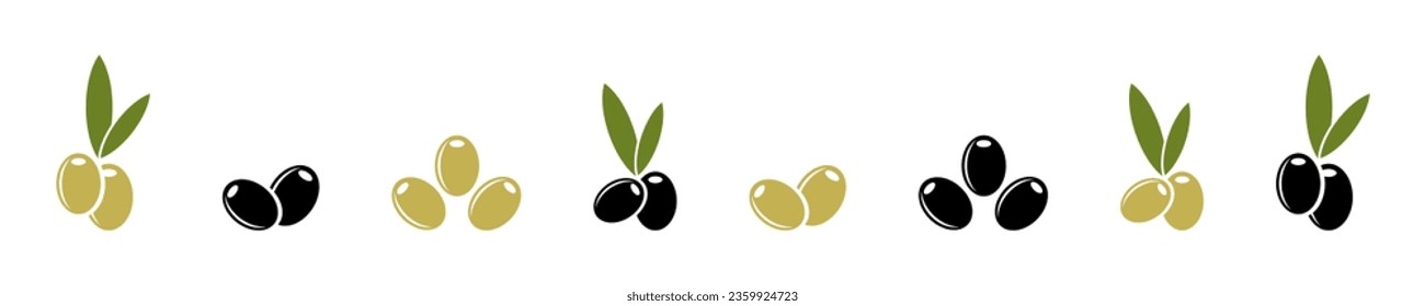 Conjunto de iconos vectoriales de aceitunas negras y verdes. Ilustración de la rama de olivo. Aceitunas con hojas. Vector 10 Eps.