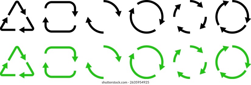 Set of black and green recycling and loop arrow icons. Includes triangle, square, and circular rotation symbols. Ideal for eco, refresh, and process UI design