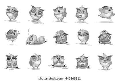 Set  Black and grey drawing on a white background. Stock Illustrations isolated Emoji character cartoon owl stickers emoticons with different emotions for site, infographics, animation...