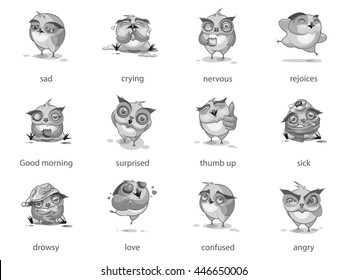 Set  Black and grey drawing on a white background. Stock Illustrations isolated Emoji character cartoon owl stickers emoticons with different emotions for site, infographics, animation. Vector. Image