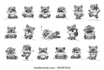 Set  Black and grey drawing on a white background. Stock Illustrations isolated Emoji character cartoon raccoon stickers emoticons with emotions for site, infographics, animation. Vector. Image