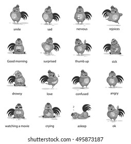 Set  Black and grey drawing on a white background. Stock Illustrations isolated Emoji character cartoon cock stickers emoticons with emotions for site, infographics, animation. Vector. Image