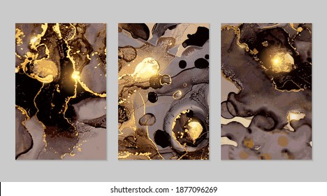 Set of black, grey and gold marble abstract flyers. Alcohol ink technique stone texture. Vector background. Modern paint with glitter. Banner, poster design template.