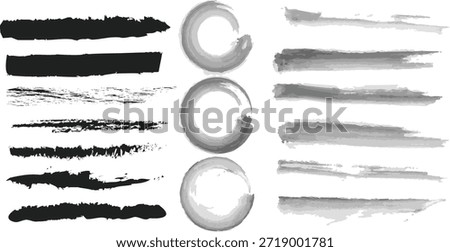 Set of black and grey hand-drawn ink brush strokes, textured lines, and zen circles for artistic graphic design elements.