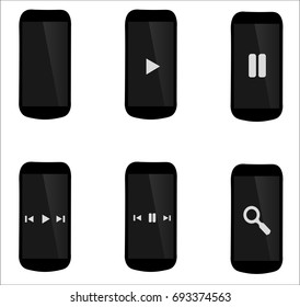 Set of black, grey and white smartphone and phone, modern and realistic with playback options, films, movies and music