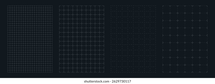 Set of black grid paper background. Blueprint base, notebook sheets, paper for school notes. Background with square grid. Editable stroke