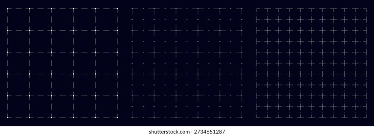 Satz von schwarzem Gitterpapier-Hintergrund. Blaupause, Notizheft, Papier für Schulnoten. Hintergrund mit quadratischem Raster. Bearbeitbarer Strich