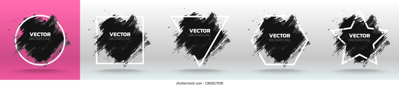 Set of Black grunge abstract background template. Brush paint ink stroke design over white frame. Vector illustration.