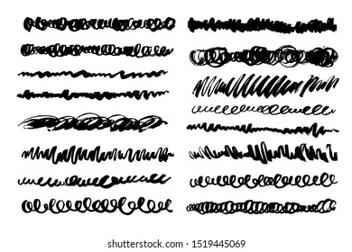 Set of black grunge artistic lines. Curly, chaotic, messy strokes.