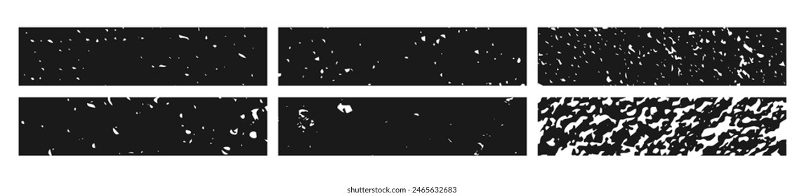 Juego de Anuncio grunge negro. Abstractas espacios en blanco granulado en forma de rectángulo sobre fondo blanco. Ilustración vectorial