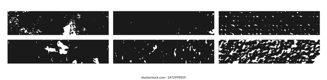 Juego de Anuncio grunge negro. Abstractas espacios en blanco granulado en forma de rectángulo sobre fondo blanco. Ilustración vectorial