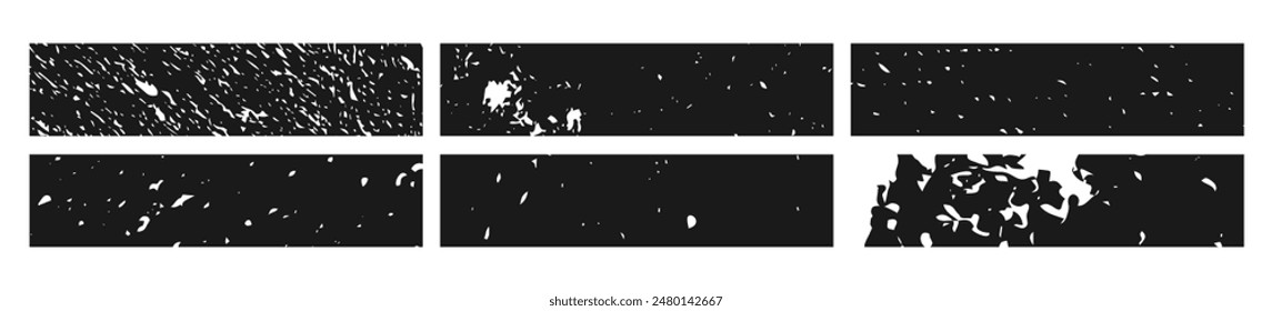 Juego de Anuncio grunge negro. Abstractas espacios en blanco granulado en forma de rectángulo sobre fondo blanco. Ilustración vectorial