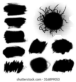Set of black grunge banners hand drawn with ink and halftone effects for your  design