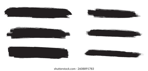 Set of black grunge brush strokes isolated on a transparent background, hand-painted vector brush smears for artistic design, banners, textures, and creative elements.	