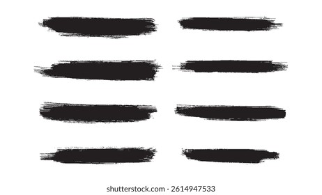 Set of black grunge brush strokes isolated on a transparent background, hand-painted vector brush smears for artistic design, banners, textures, and creative elements.	