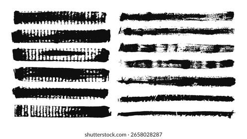 Set of black grunge brush strokes and roller prints. Collection of hand-drawn textured banners with cardboard and dry brush effects, isolated on white background, vector illustration.