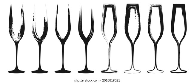 Set of black grunge champagne glasses icons isolated on a white background.