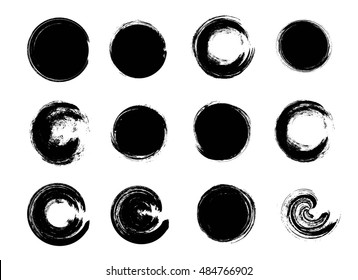 Set of Black Grunge Circle Stains, Shapes. Vector illustration. Hand Drawn Enso Zen Ink Circles Collection.