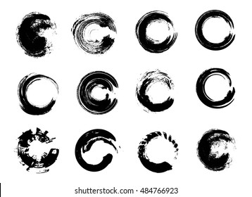 Set of Black Grunge Circle Stains, Shapes. Vector illustration. Hand Drawn Enso Zen Ink Circles Collection.