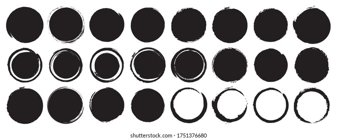 Set of black grunge circles shapes on a white background. Paint brush stamp collection