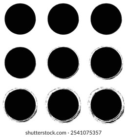 Set of black grunge circles shapes on a white background. Collection for grunge badge, seal, ink and stamp design template. Vector illustration. Eps file 11.