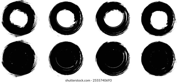 set of black grunge circles shapes on a white background. Paint brush stamp collection. Vector brush circle. Grunge round shape.