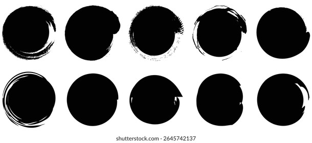 Set of black grunge circles shapes on a white background. Paint brush stamp collection. Vector brush circle. Grunge round shape.