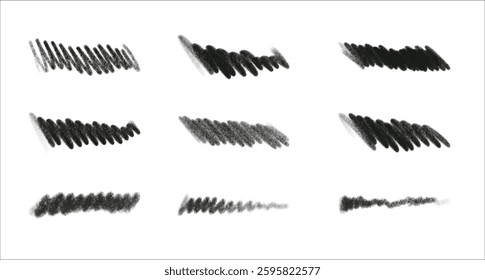 Set of black grunge crayon, chalk textured scratches. Vector hand drawn bold lines and strokes isolated on white backdrop