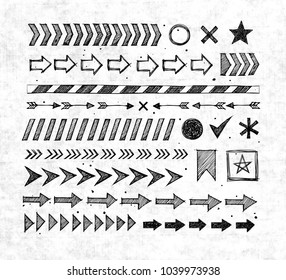 Set of black grunge doodle arrow dividers, pointers, danger tape and design elements on dirty paper background.