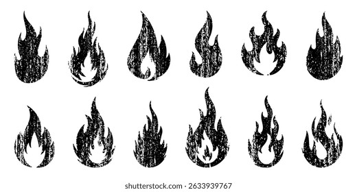 Set of black grunge fire flame icons with distressed texture. Vector flame symbols in rough vintage style for labels, signs, posters, or graphic design on white background.