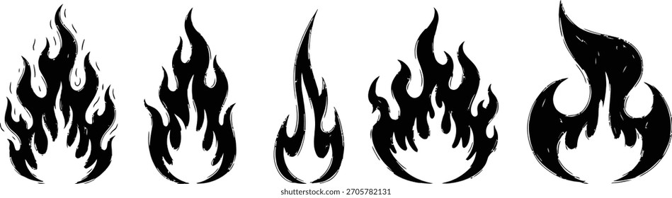 Conjunto de llamas de fuego grunge negro sobre fondo blanco