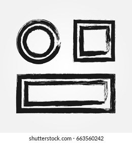 Set of black grunge frames with double borders. Painted by hand with a rough brush. Round, square, rectangular isolated elements. Vector illustration.