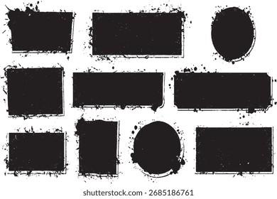 Set of Black Grunge Frames, Ink Splatter Distressed Borders, and Text Boxes

