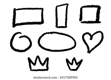 Set of black grunge frames isolated on white background. Crown, oval, heart, rectangle shape