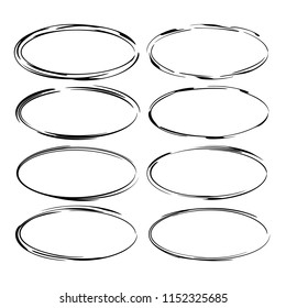 Set of black  grunge frames. Oval ornament bordes collection isolated. Elements for graphic design. Vector illustration.