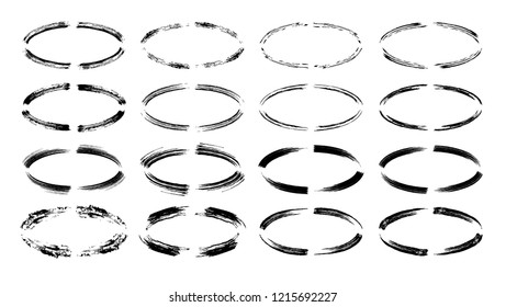 Set of black  grunge frames. Oval dry brush ornament bordes collection. Vector illustration.